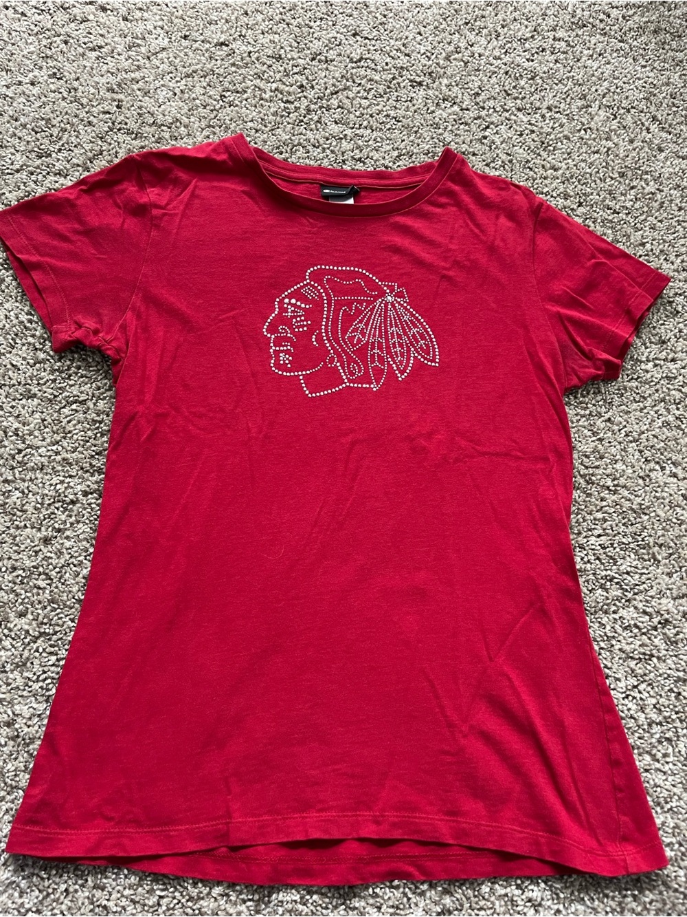 Black hawks bedazzled Champion Women's Red Short Sleeve Rhinestone Logo Tee